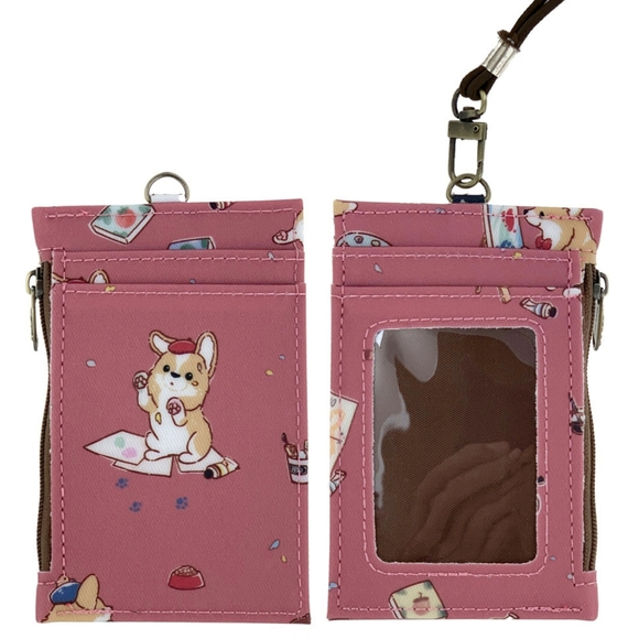 Uma Hana Accessories - Waterproof Corgi Artist ID Badge Card Holder Coin Purse W/ Stretchy Lanyard